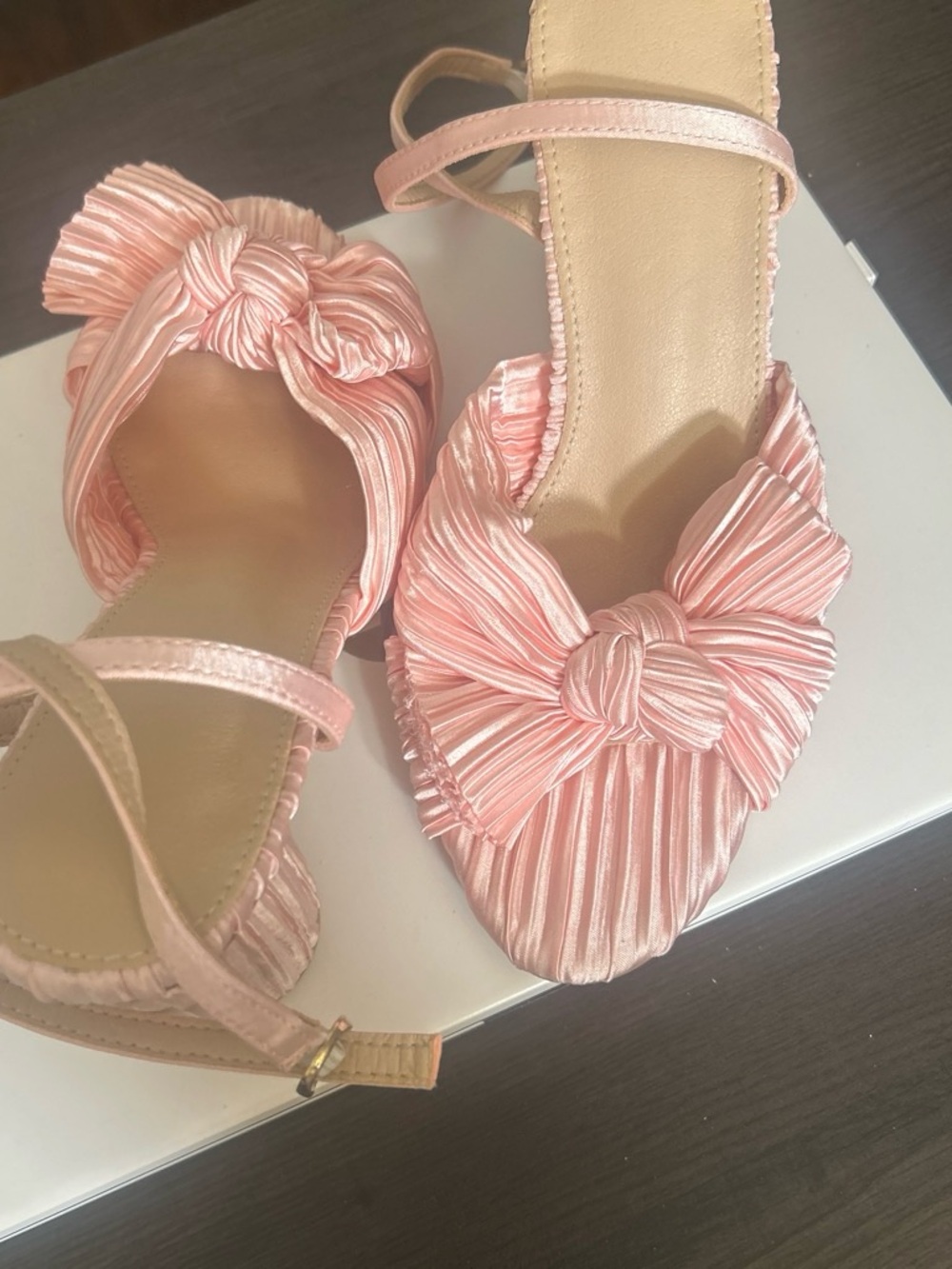 Pleated Knot Strap Heels — Pink